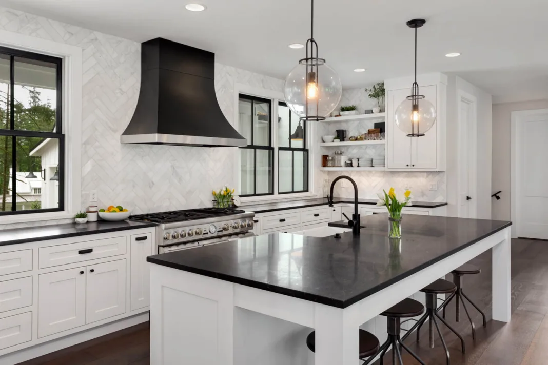 Beautiful,kitchen,in,new,luxury,home.,features,black,counters,and